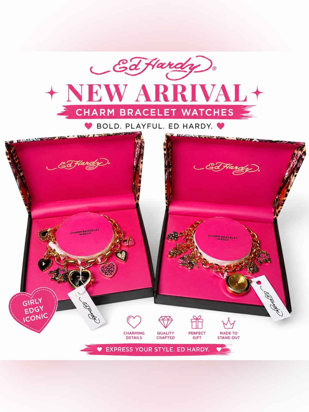 Ed Hardy Gold Charm Bracelet Watches with Pink Accents